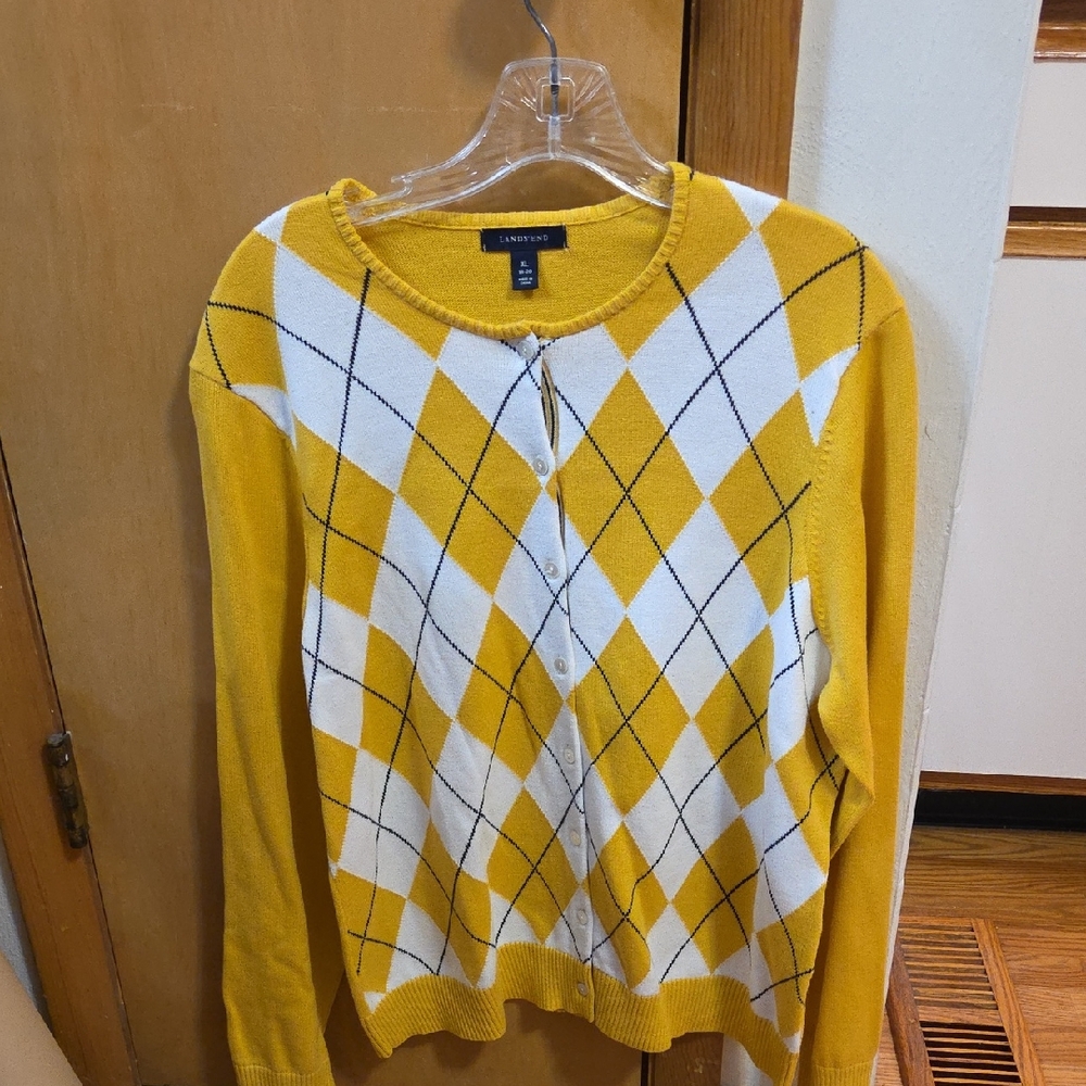 Lands' End Women's Mustard and White Argyle XL  Cardigan